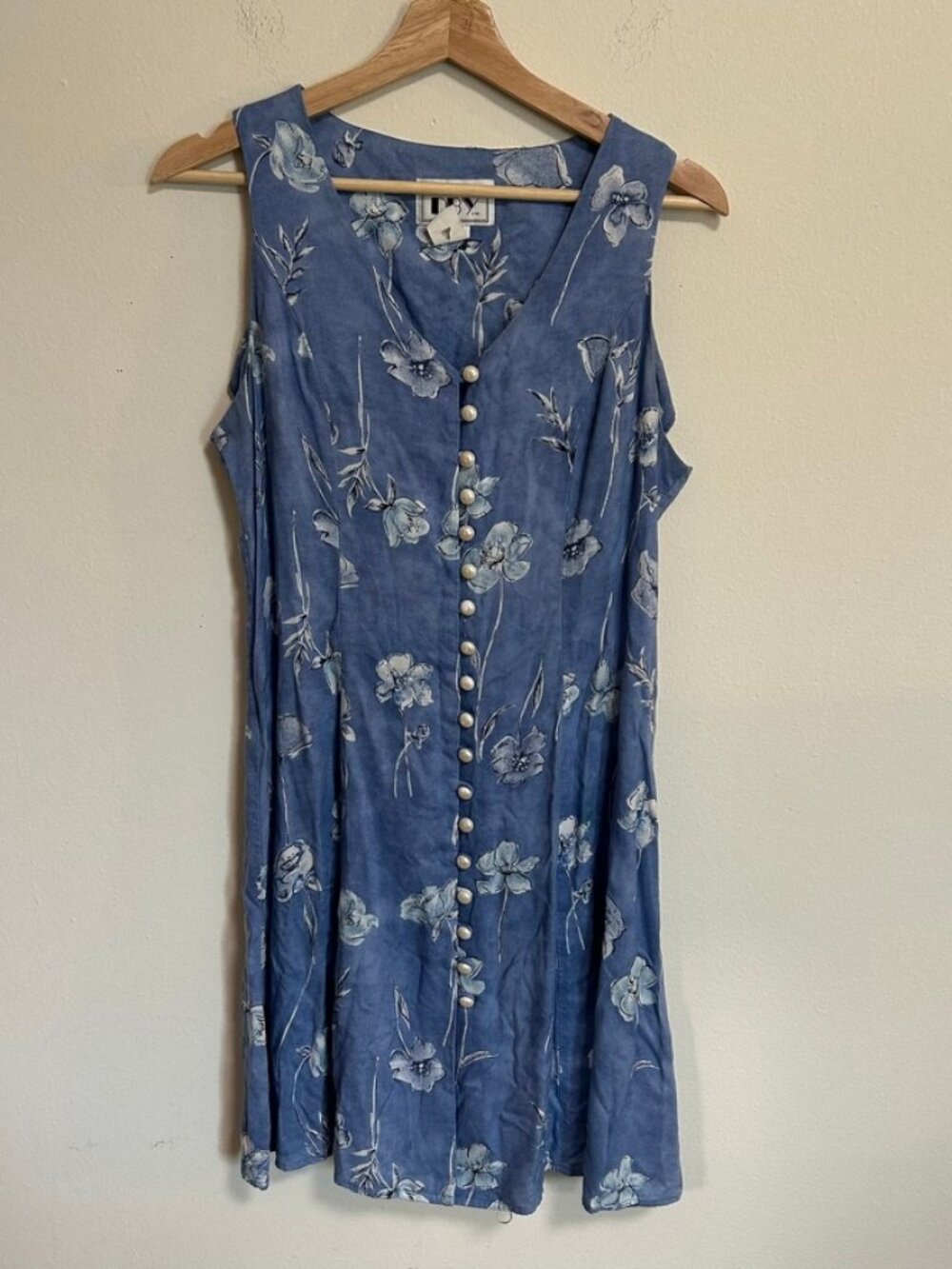 VTG 90s DBY Pearl Button Shift Mini Dress V Neck Floral Dusty Blue Sz 13 EUC